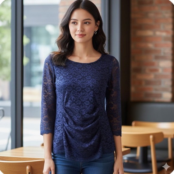 🚨4X$25🚨 Ricki's Blue Lace Ruched 3/4 Sleeve Blouse - Picture 1 of 8